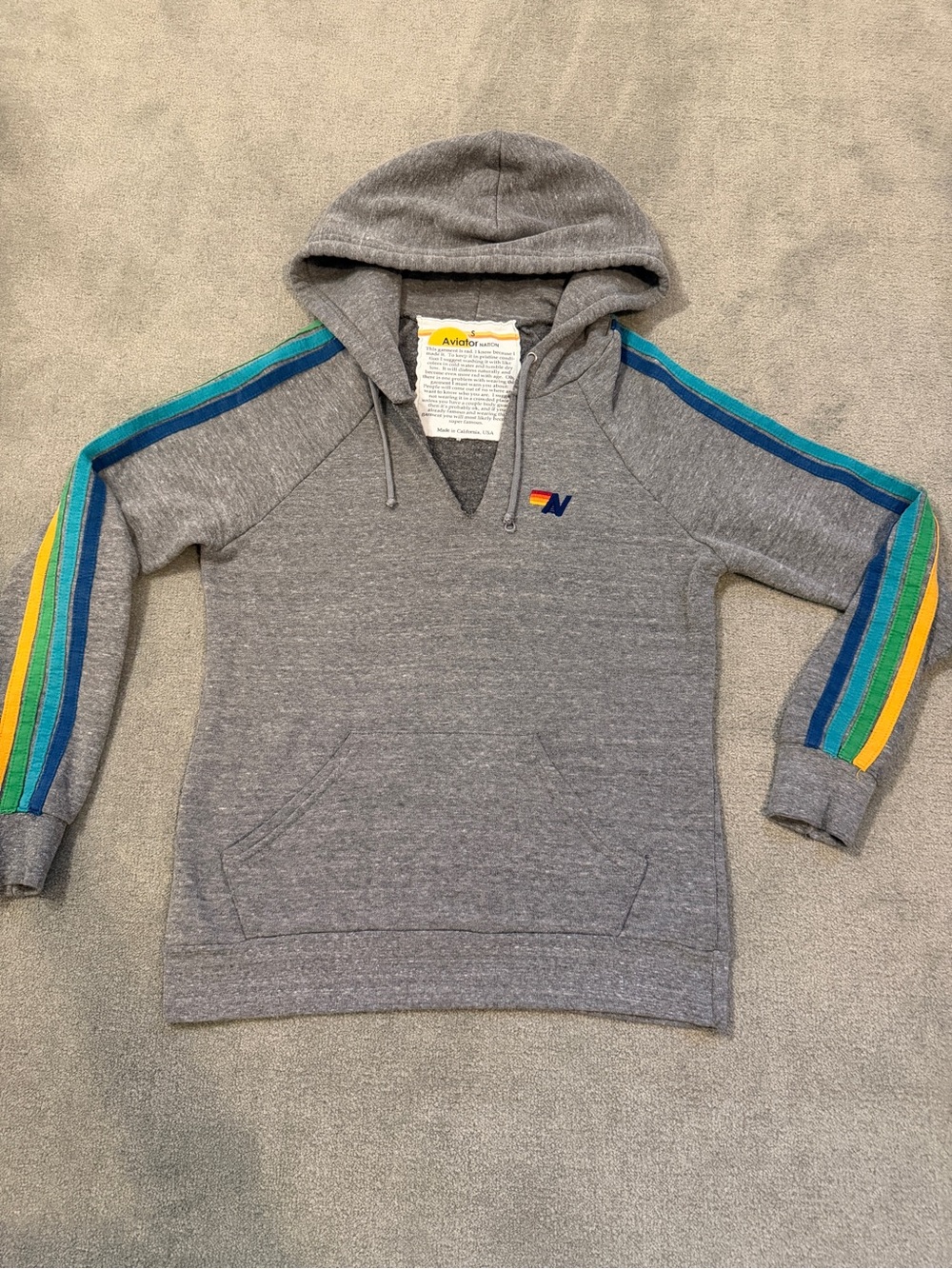 Aviator Nation - Heather Gray Hoodie - Rainbow Stripe Sleeves - Women’s Small - Picture 2 of 10